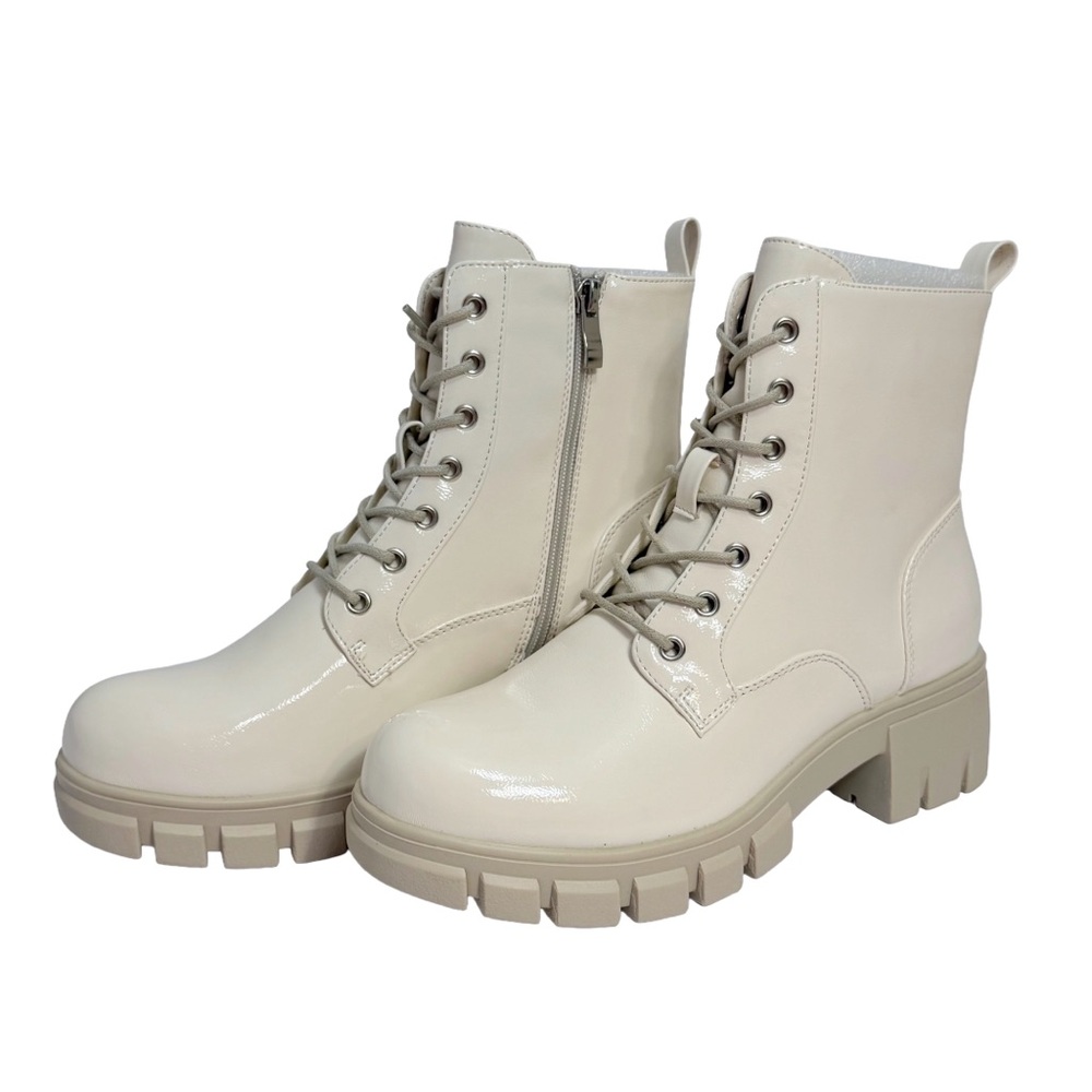 Hey Girl by Corkys Cray Combat Boots Women’s 9 Ivory Patent Lug Sole Zip